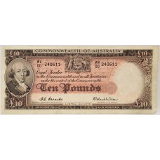 AUSTRALIA 1954 . TEN 10 POUNDS BANKNOTE . COOMBS/WILSON . FIRST PREFIX WA00